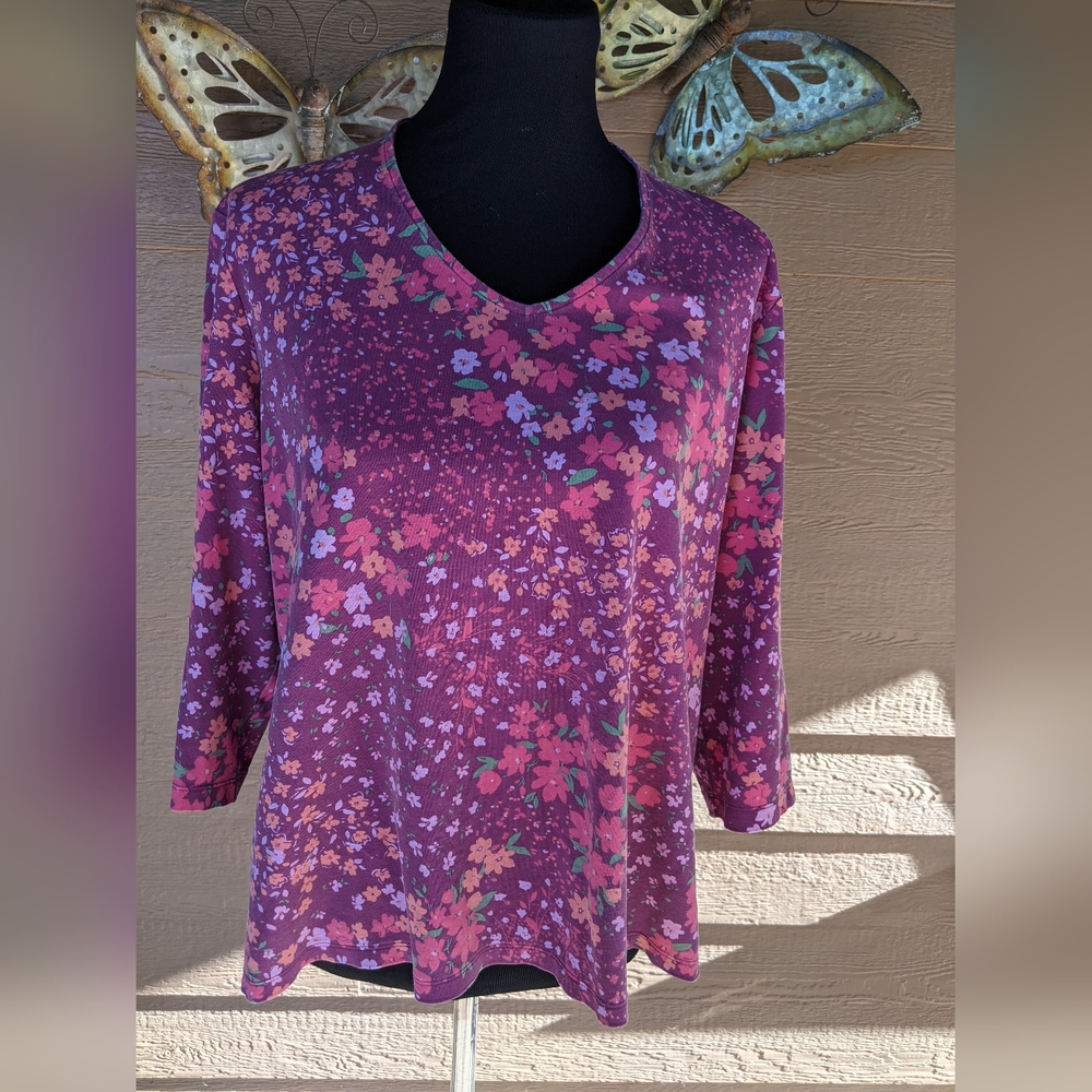 Isaac Mizrahi Purple and Pink 3/4 Sleeve Relaxed Tee